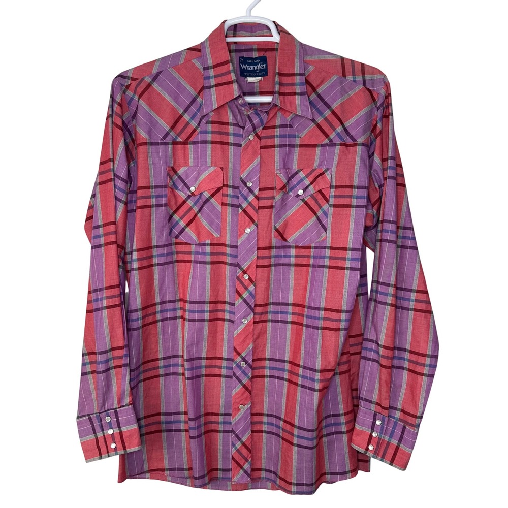 VTG Wrangler Western Shirt Men LT Large Tall Pink Purple Plaid Pearl Snap Cowboy
